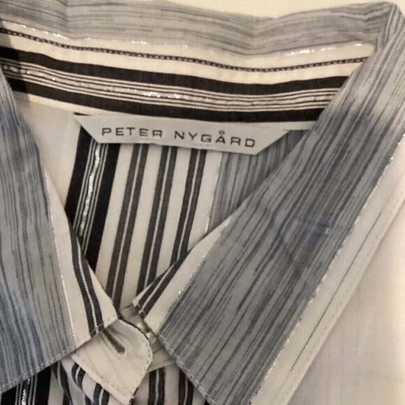 Peter Nygard Balloon Sleeve Button-Up Metallic Stripe Top M/L Gray Silver 295i - Picture 8 of 9